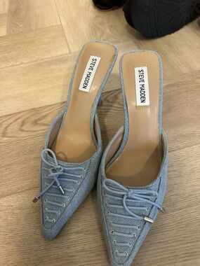 Steve Madden Light Blue Denim Lace-Up Pointed Mule